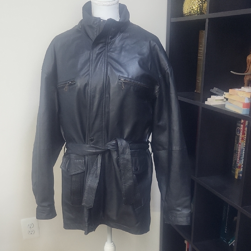 Vtg PAULYANG Black Leather Faux Fur Lined Multi-Pocket Belted Leather Jacket